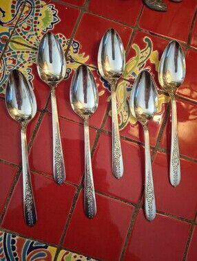Oneida Silverplate "Royal Rose" Oval Soup Place Spoons 7 3/8" Set 6 Vntg 1939